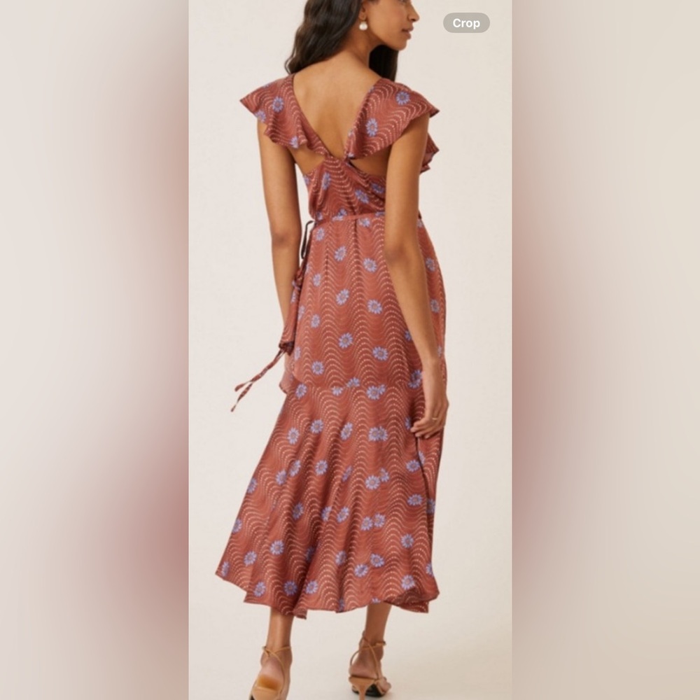 Anthropologie ruffle sleeve printed wrap maxi dress